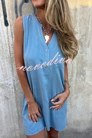 Solid Color Sleeveless V-neck Casual Pocket Mini Dress