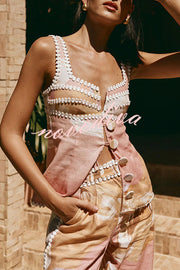 European Summer Linen Blend Ric Rac Trims Unique Print Button Tank