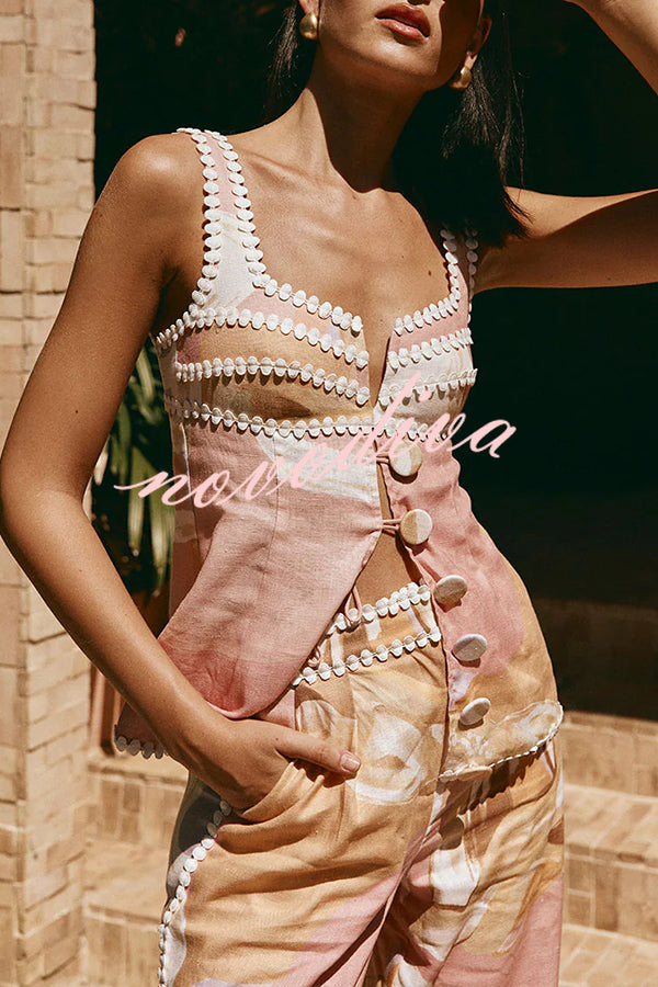 European Summer Linen Blend Ric Rac Trims Unique Print Button Tank