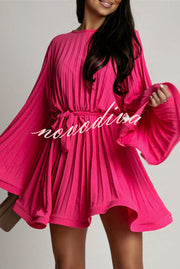 Fashion Bell Sleeve Loose Waist Tie Pleated Mini Dress