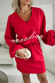 Holiday Gatherings V-neck Long Balloon Sleeve Tie-up Waist Loose Mini Dress