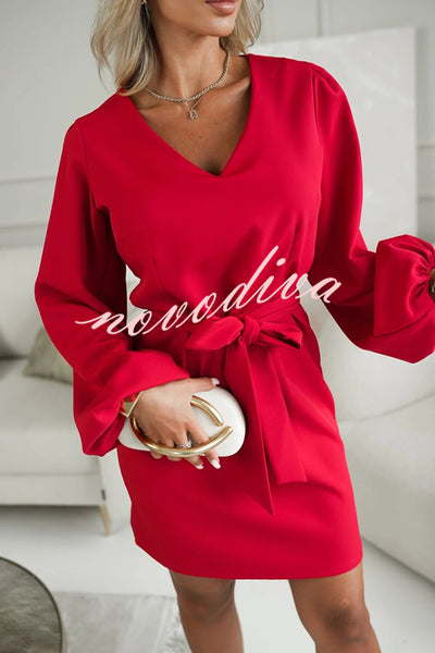 Holiday Gatherings V-neck Long Balloon Sleeve Tie-up Waist Loose Mini Dress