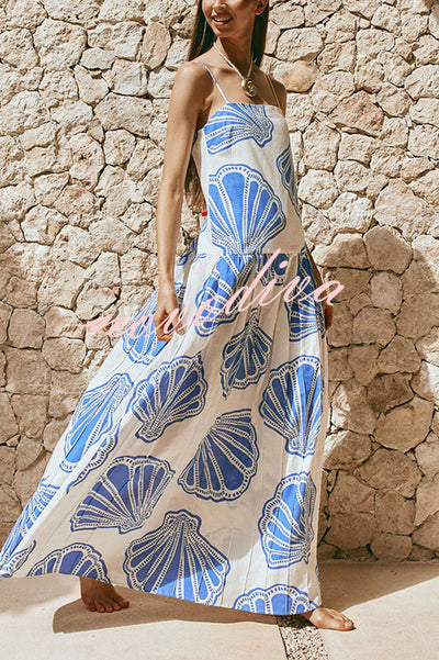 Linen Blend Shell Print Loose Strappy Resort Style Maxi Dress