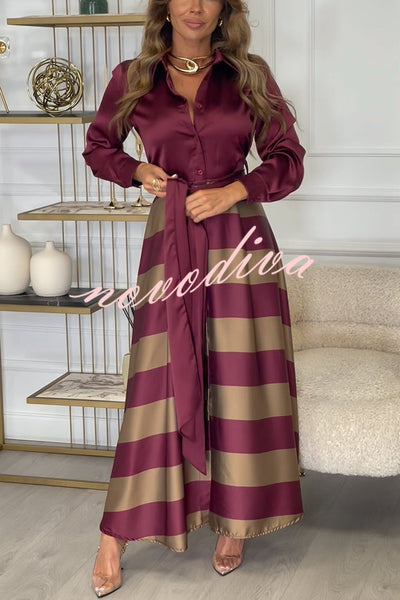 Lindsey Satin Colorblock Contrast Long Sleeve Belted Shirt Maxi Dress