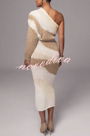 Soft Autumn Knit Colorblock One Shoulder Sleeve Ribbed Trim Loose Sweater