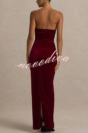 Illusion Velvet Bandeau neck Bow detail Stretch Maxi Dress