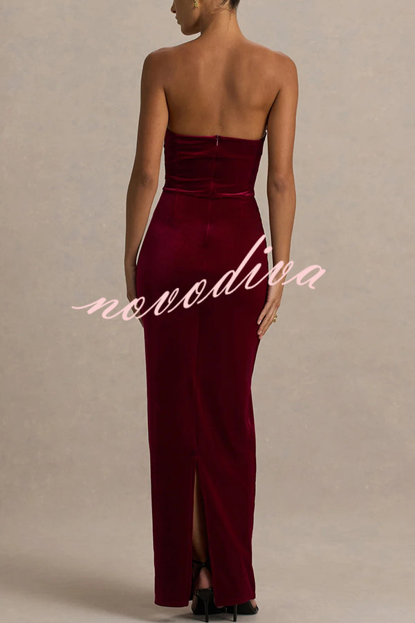 Illusion Velvet Bandeau neck Bow detail Stretch Maxi Dress