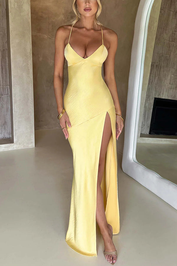 Satin Solid Color Sexy Backless Lace Up High Slit Maxi Dress