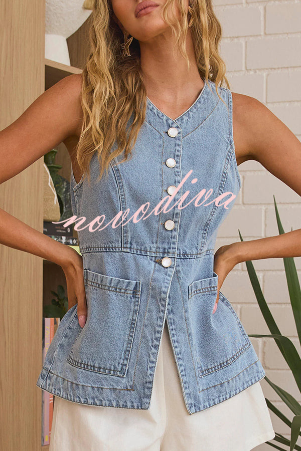 Fashionable Casual Slim Fit Button Pocket Denim Vest