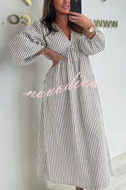 Striped Print V-Neck Long Sleeve Casual Loose Maxi Dress