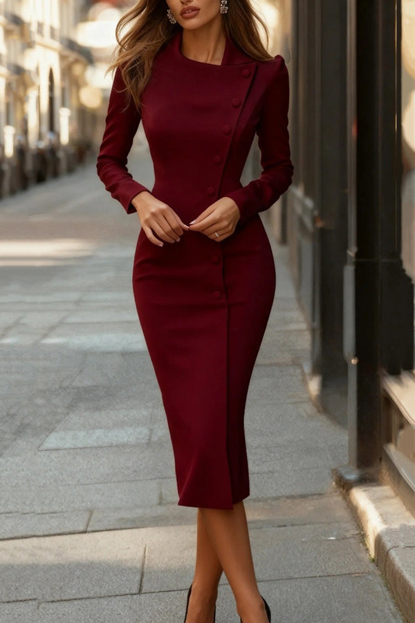 Fashionable Asymmetrical Single-breasted Elegant Slim-fit Midi Dress