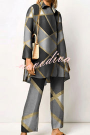 Geometric Print Lapel Long Sleeved Top and Pants Two Piece Set