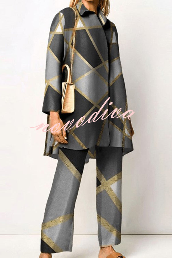 Geometric Print Lapel Long Sleeved Top and Pants Two Piece Set
