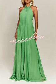 Gabie Chiffon Pleated Braided Halter Neck Backless A-line Maxi Dress