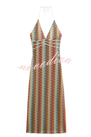 Playful Colorful Knit Holiday Style Halter Neck Maxi Dress