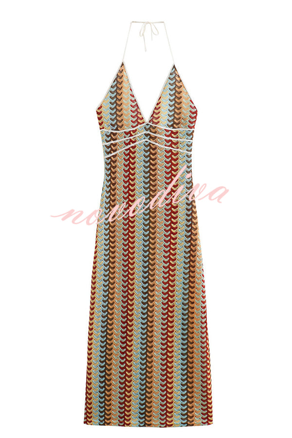 Playful Colorful Knit Holiday Style Halter Neck Maxi Dress