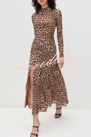 Revina Mesh Leopard Print Mock Neck Gathered Waist Long Sleeve Stretch Midi Dress