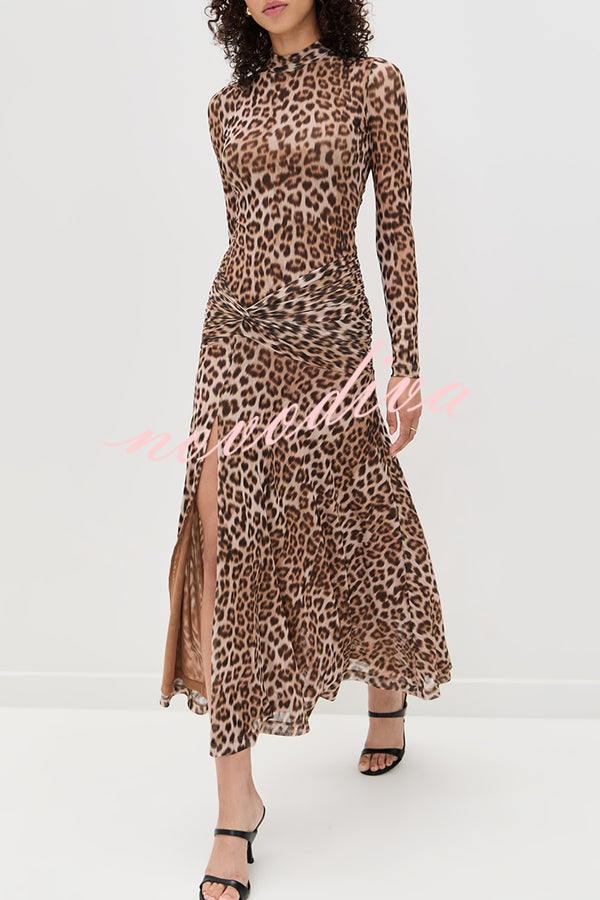 Revina Mesh Leopard Print Mock Neck Gathered Waist Long Sleeve Stretch Midi Dress