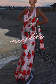 Rose Print Sexy Halter Neck Strappy Backless Slim Fit Maxi Dress