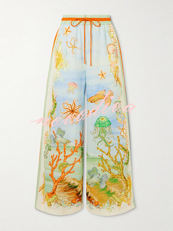 Unique Printed Lapel Short Sleeve Loose Shirt and Elastic Waist Casual Pocket Vacation Pants Set