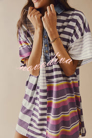 Contrast Striped Patchwork Denim Lapel Loose Casual Mini Dress