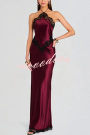 Everly Contrast Color Satin Lace Trim Halter Back Lace-up Flare Maxi Dress