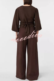 Lets Go Out Linen Blend Balloon Sleeve Wrap Tie-up Loose Top