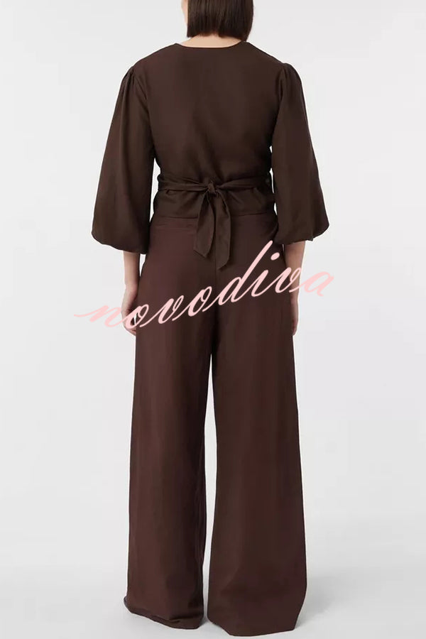 Lets Go Out Linen Blend Balloon Sleeve Wrap Tie-up Loose Top