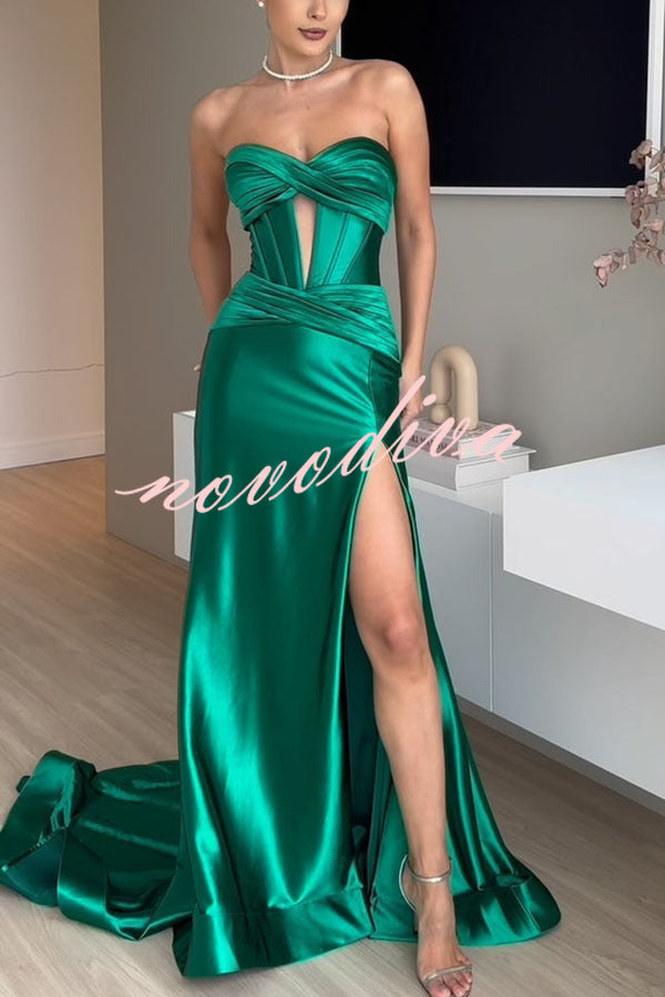 Emiliana Satin Twist Bust Cutout Corset Slit Prom Maxi Dress