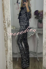 Holiday Cheer Sequin High Rise Elastic Waist Flared Stretch Pants