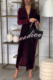 Creating Romance Velvet Ruched Drape Long Sleeve Stretch Maxi Dress