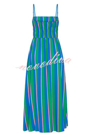 Gigi Linen Blend Stripe Elastic Bodice Pocket Loose Midi Dress