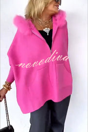Warm Call Knit Long Sleeve Zipper Plush Hooded Pocket Loose Cardigan