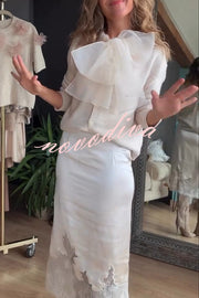 Orozco Knit Organza Bow Button-down Long Sleeve Loose Cardigan