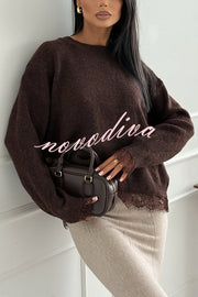 Caitlin Knit Lace Trim Patchwork Long Sleeve Back Slit Relaxed Sweater