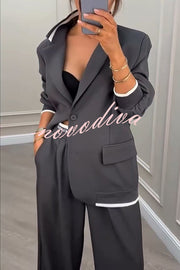 Fashion Sports Style Ribbed Colorblock Lapel Blazer and Elastic Waist Pocket Loose Pants Set