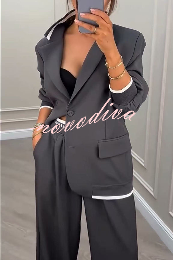 Fashion Sports Style Ribbed Colorblock Lapel Blazer and Elastic Waist Pocket Loose Pants Set