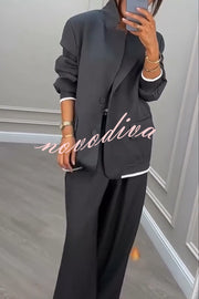 Fashion Sports Style Ribbed Colorblock Lapel Blazer and Elastic Waist Pocket Loose Pants Set