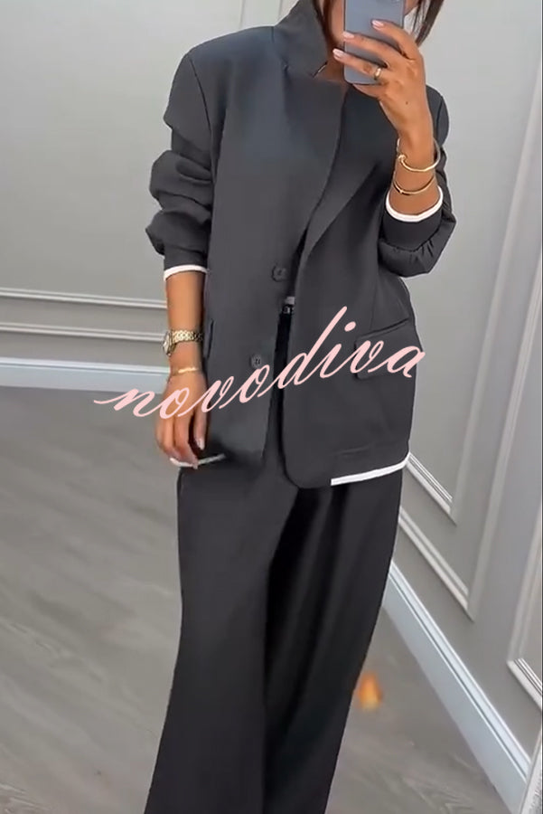 Fashion Sports Style Ribbed Colorblock Lapel Blazer and Elastic Waist Pocket Loose Pants Set