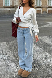 Solid Color Crossover V-neck Tie Elegant Long-sleeved Knit Top