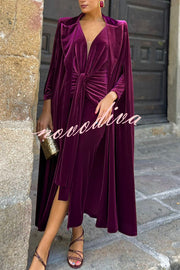 Olivienne Luxurious Velvet Padded Shoulders Slit Sleeve Lapel Midi Cape