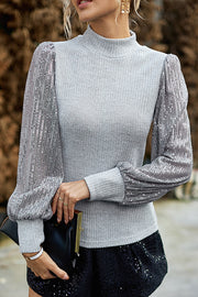 Sequined Paneled Knitted Long Sleeved Shirts