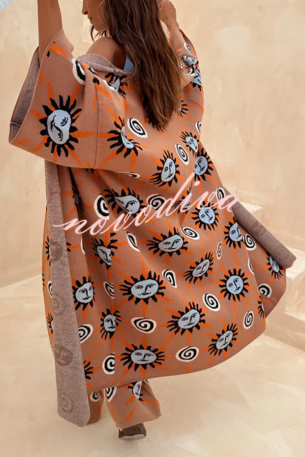 Mediterranean Art Knit Unique Sun Vortex Print Bell Sleeve Long Cardigan