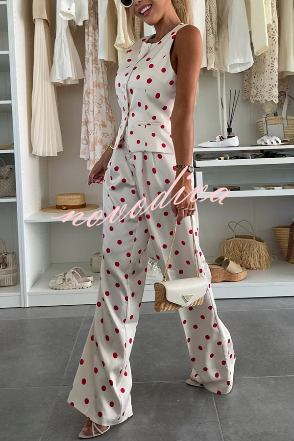 Koreen Polka Dot Round Neck Button Vest and High Rise Pocket Straight Pants Set