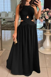 Solid Color Sexy Cross Tie Backless Maxi Dress