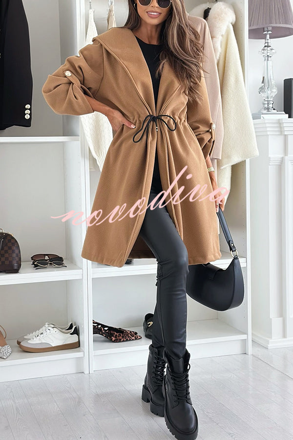 Effortless and Warm Textured Fabric Drawstring Waist Pocket Hooded Midi Coat