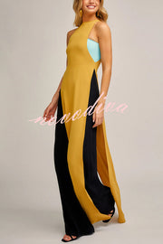 Fashionable Contrast Color Stitching Sleeveless Slim Maxi Dress