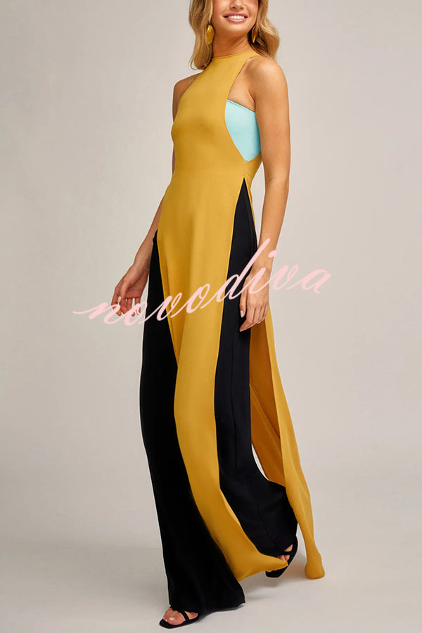 Fashionable Contrast Color Stitching Sleeveless Slim Maxi Dress