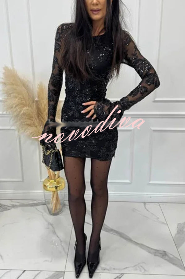 Deep and Dazzling Floral Texture Sequin Long Bell Sleeve Open Back Mini Dress
