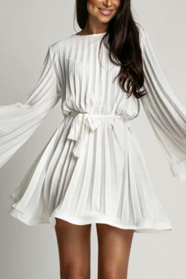 Fashion Bell Sleeve Loose Waist Tie Pleated Mini Dress